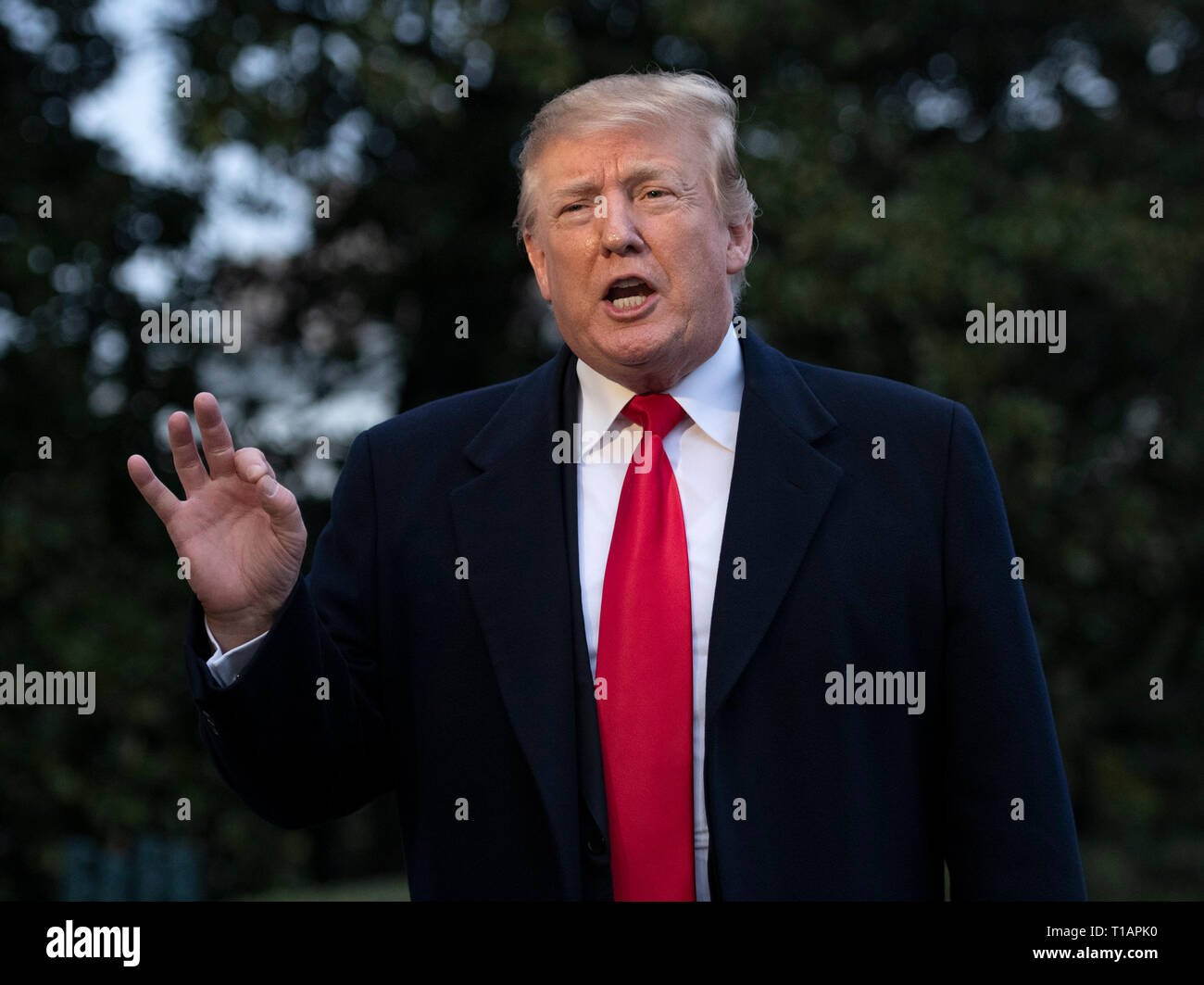 United States President Donald J. Trump returns to the White House in Washington, DC following a weekend in Mar-a-Lago, Florida on Sunday, March 24, 2019. Earlier in the day US Attorney General William P. Barr released a summary of the long-awaited Mueller Report that appears to exonerate the President and his campaign of all charges related to collusion with Russia in the 2016 Presidential Campaign and subsequent obstruction of justice charges. The President said to the press as he walked into the residence 'I just want to tell you, America is the greatest place on Earth. The greatest place Stock Photo