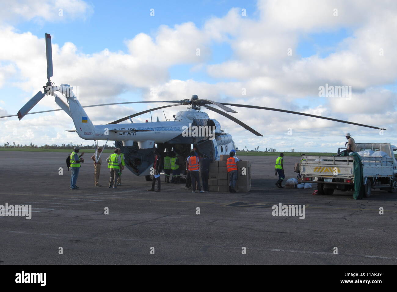 Beira, Mozambique. 21st Mar, 2019. There's a rescue helicopter at Beira airport. (to dpa 'Helpers in Mozambique warn against diseases after cyclone' from 25.03.2019) Credit: Kate Bartlett/dpa/Alamy Live News Stock Photo