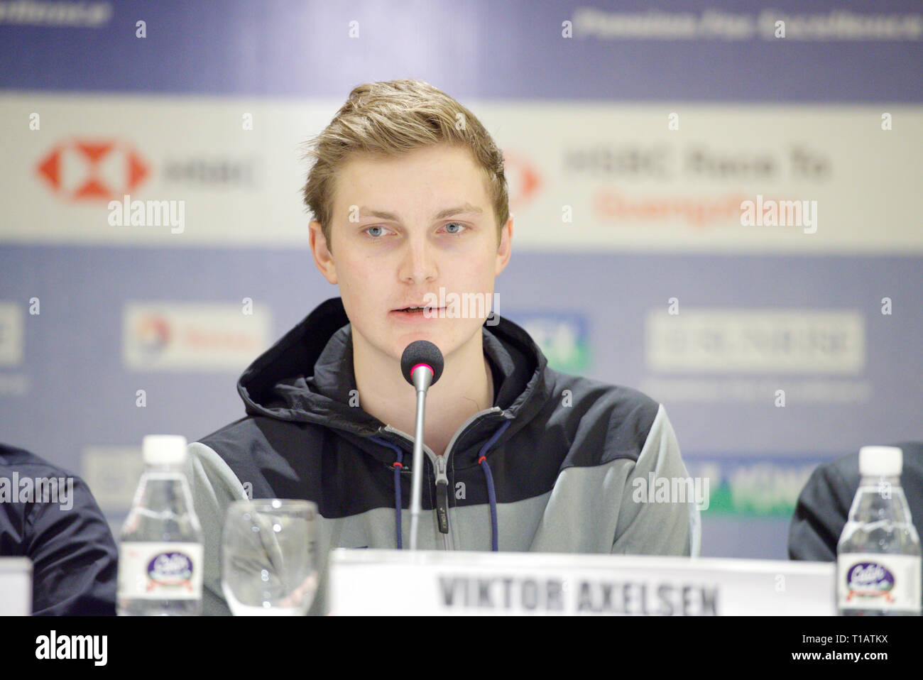 New Delhi, India. 25th March 2019. Viktor Axelsen of Denmark at the press conference during the Yonex Sunrise India Open 2019 Preview in New Delhi, India. Credit: Karunesh Johri/Alamy Live News Stock Photo