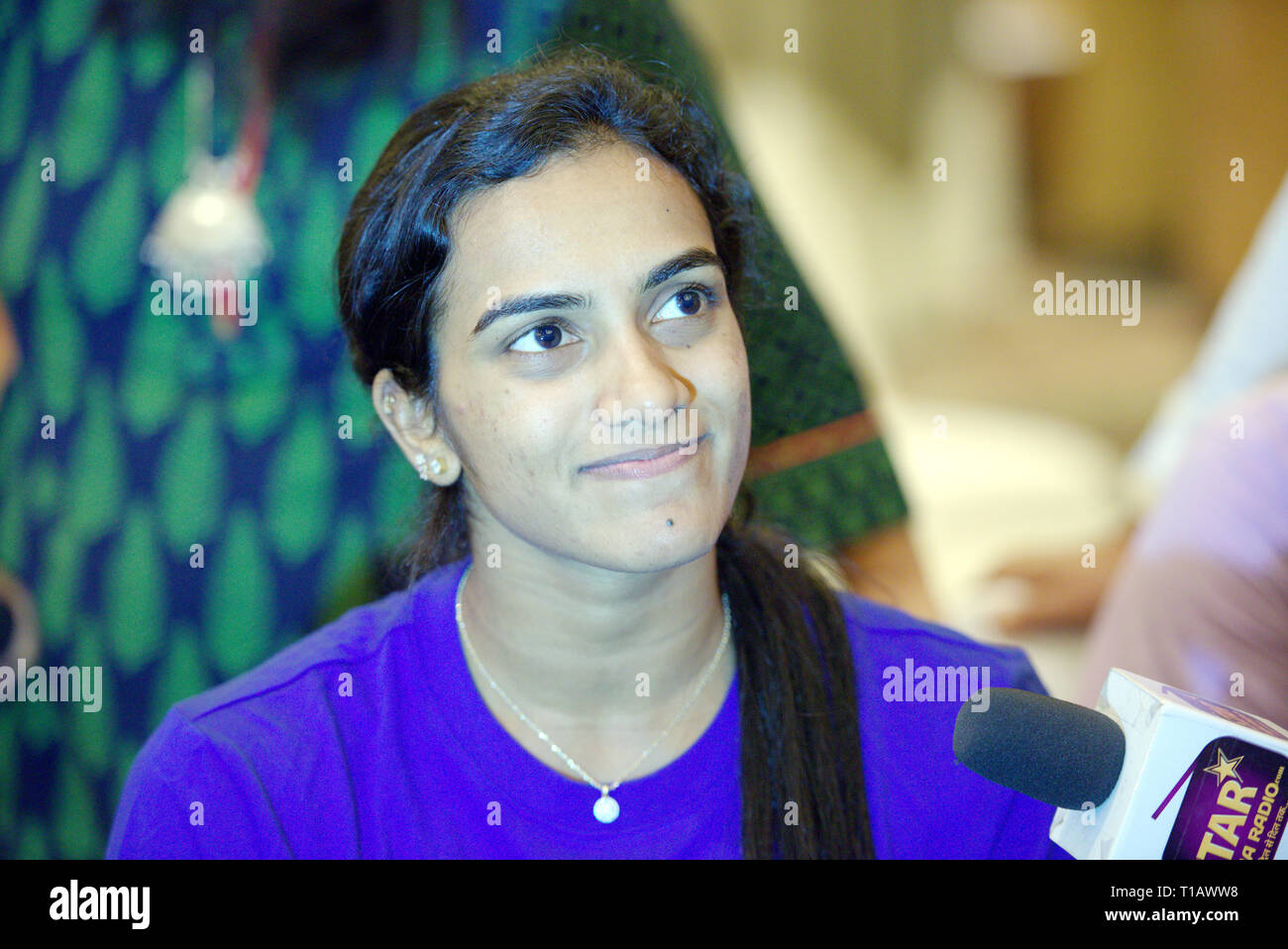 New Delhi, India. 25th March 2019. P. V. Sindhu of India talks to the press during the Yonex Sunrise India Open 2019 Preview in New Delhi, India. Credit: Karunesh Johri/Alamy Live News Stock Photo