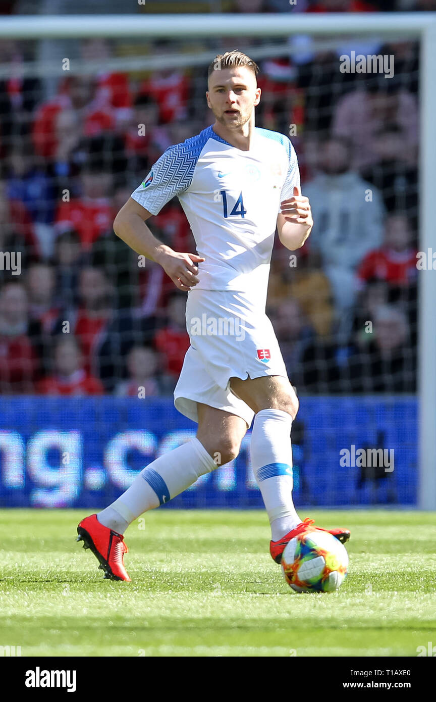 Cardiff, UK. 24th Mar, 2019. Milan Škriniar of Slovakia during the 2020 UEFA Euro Qualifier group E match between Wales and Slovakia at the Cardiff City Stadium, Cardiff, Wales on 24 March 2019. Photo by Ken Sparks. Editorial use only, license required for commercial use. No use in betting, games or a single club/league/player publications. Credit: UK Sports Pics Ltd/Alamy Live News Stock Photo