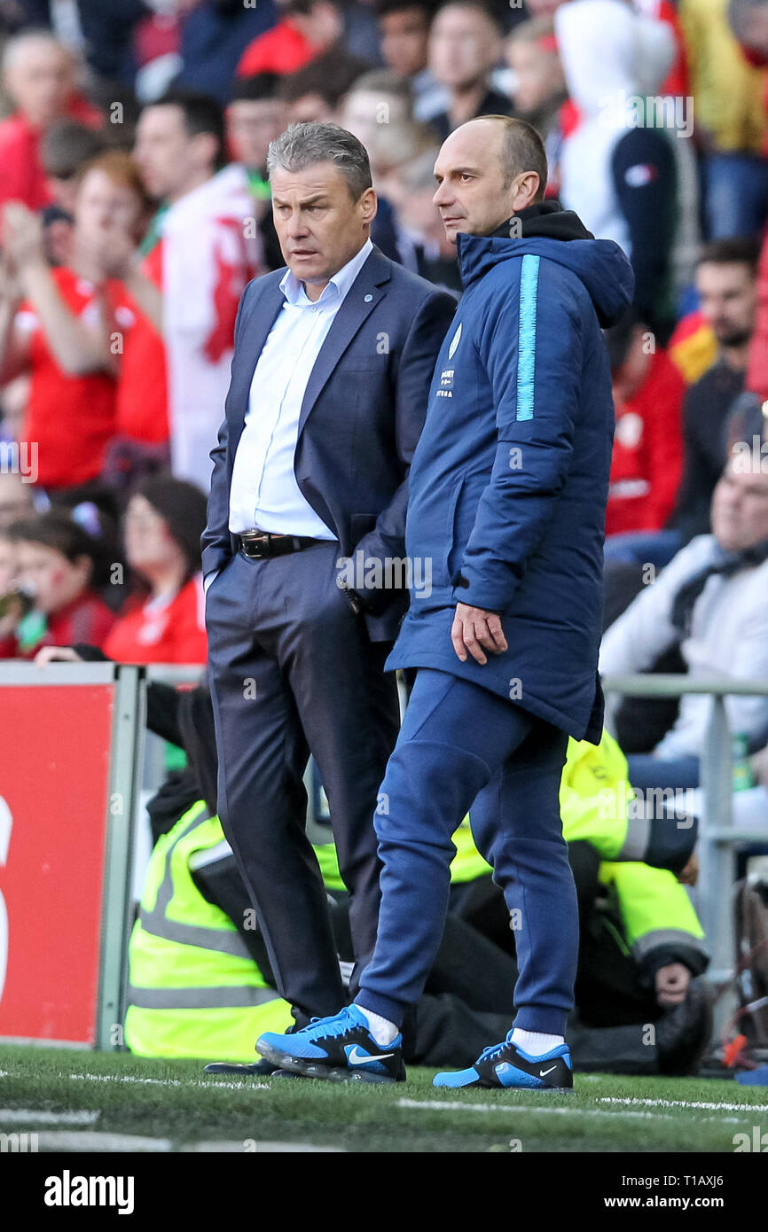 Cardiff, UK. 24th Mar, 2019. Slovakia Manager Pavel Hapal during the 2020 UEFA Euro Qualifier group E match between Wales and Slovakia at the Cardiff City Stadium, Cardiff, Wales on 24 March 2019. Photo by Ken Sparks. Editorial use only, license required for commercial use. No use in betting, games or a single club/league/player publications. Credit: UK Sports Pics Ltd/Alamy Live News Stock Photo