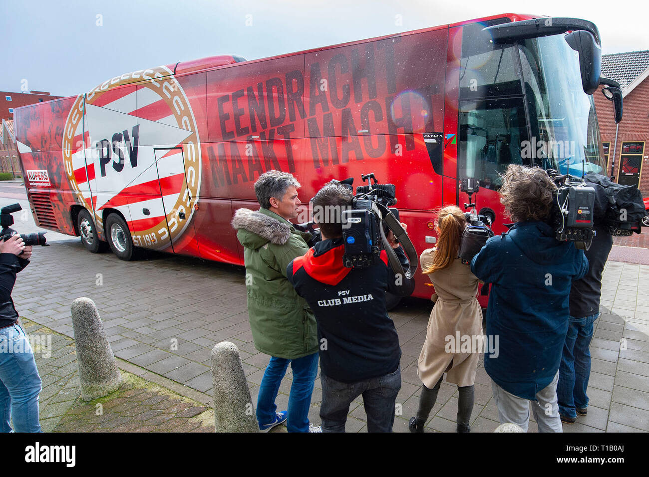 EINDHOVEN, 25-03-2019, Philips Stadion, Eredivisie, season 2018 / 2019, new partners of PSV arriving at the stadium with the official bus of PSV Stock Photo