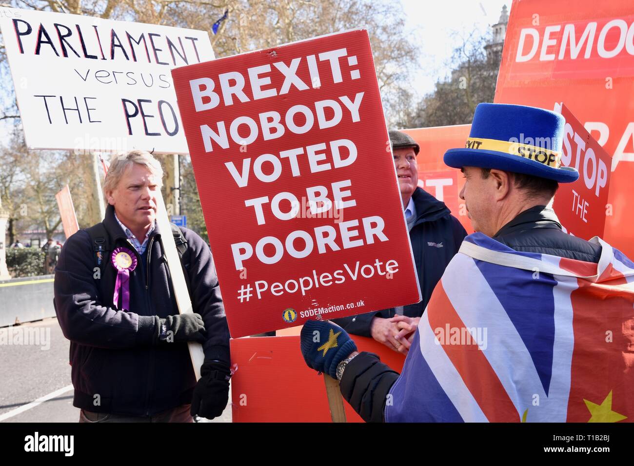 London, UK. 25th Mar 2019. Steve Bray, Activist, SODEM confronts a UKIP supporter, Remain Protest, Houses of Parliament, Westminster, London. UK Credit: michael melia/Alamy Live News Stock Photo