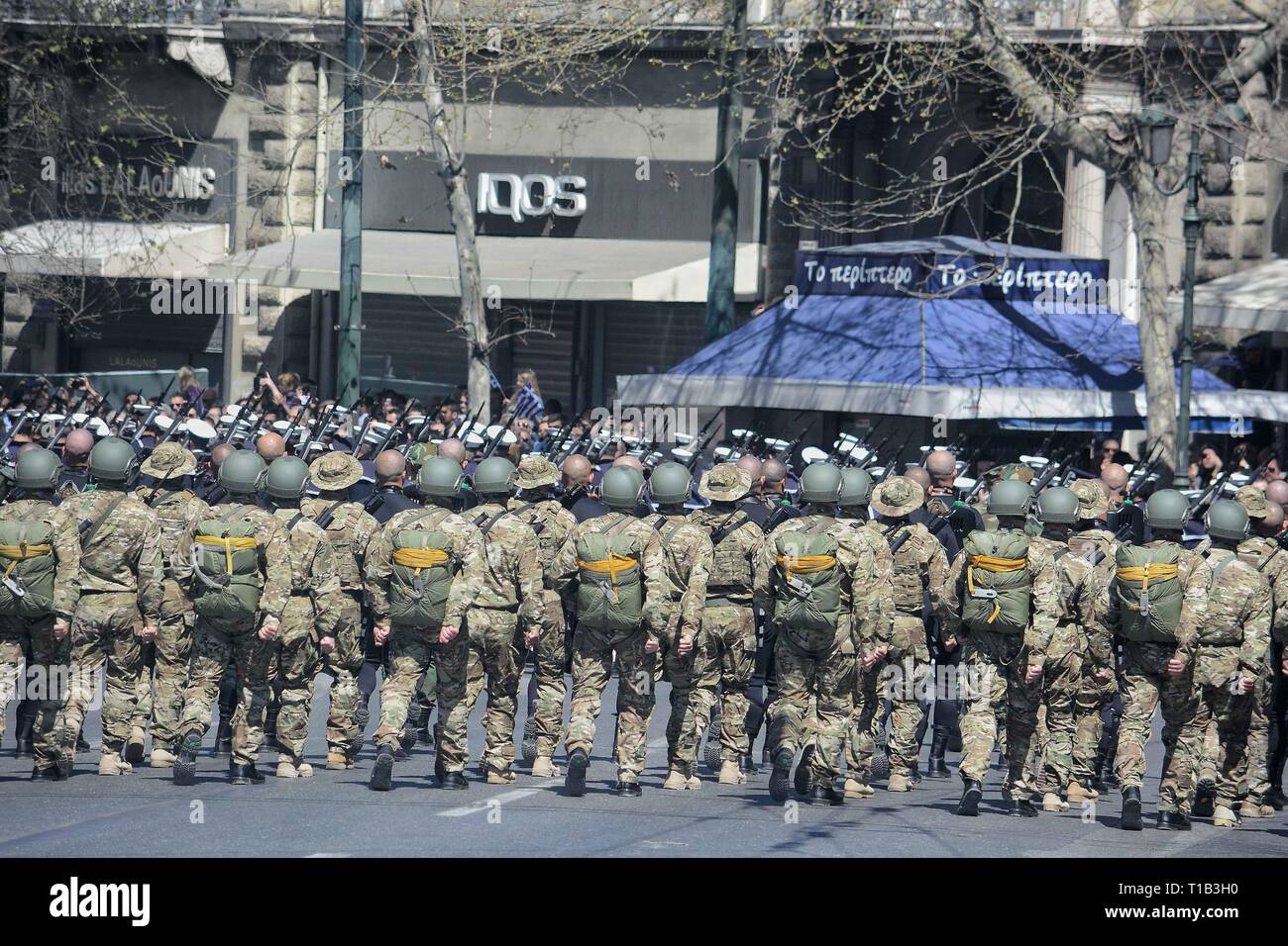 Athens, Greece. 25th Mar, 2019. Members of Greek special forces are seen marching during the Military parade commemorating the National Day in Athens. Credit: Giorgos Zachos/SOPA Images/ZUMA Wire/Alamy Live News Stock Photo