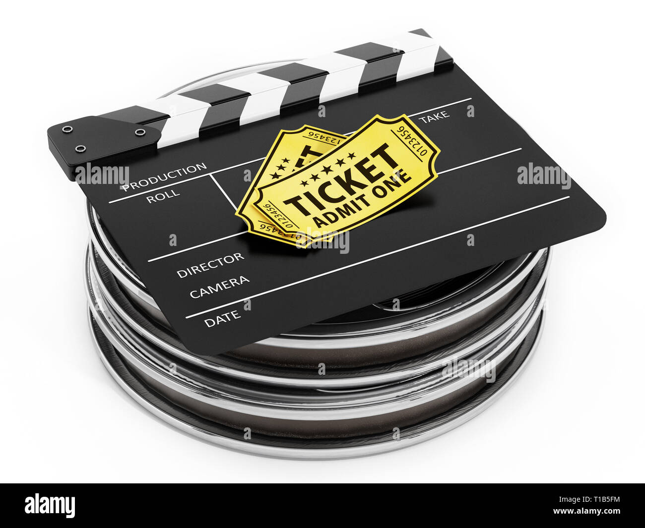 Film reels, clapboard and cinema tickets isolated on white background