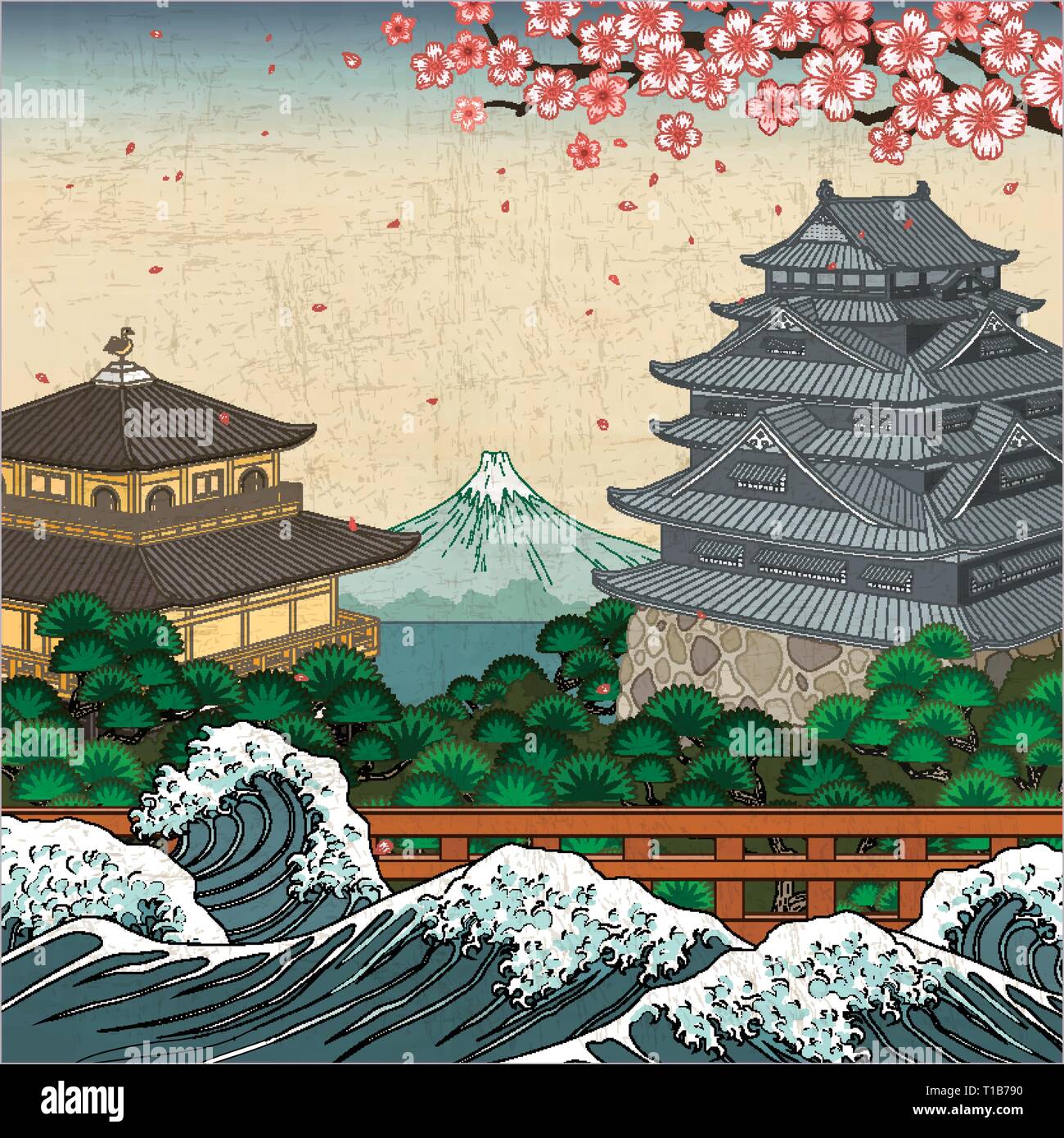 Japanese traditional landmarks and wave tides, fuji mountain background in ukiyo-e style Stock Vector
