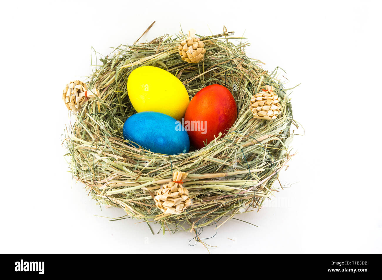 colored easter eggs in grass nest with bumps Stock Photo