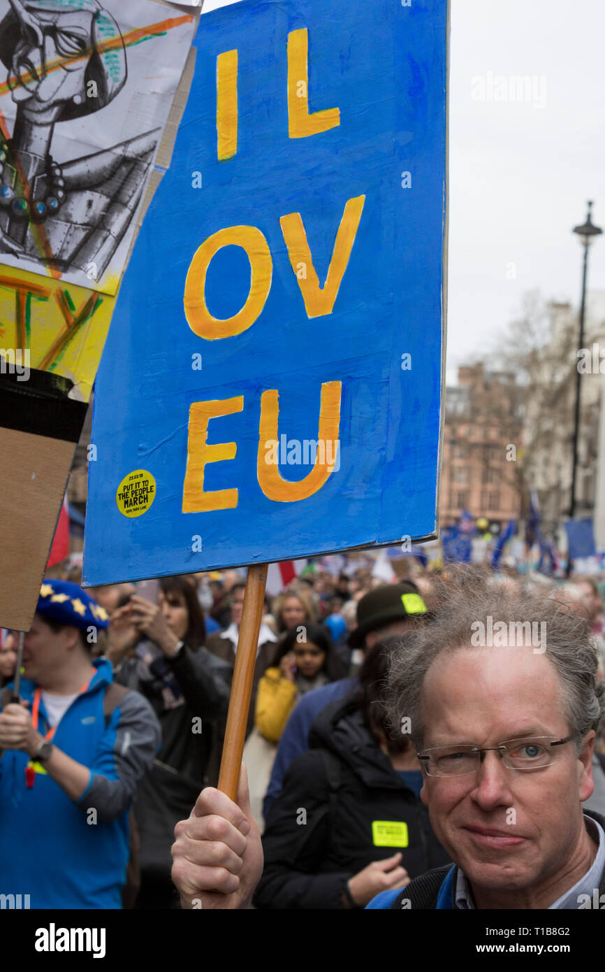 Seven days before the original for the UK to leave the EU, hundreds of thousands of Brexit protestors marched through central London calling for another EU referendum. Organisers of the 'Put It To The People' campaign say more than a million people joined the march before rallying in front of Parliament, on 23rd March 2019, in London, England. (Photo by Richard Baker / In Pictures via Getty Images) Stock Photo