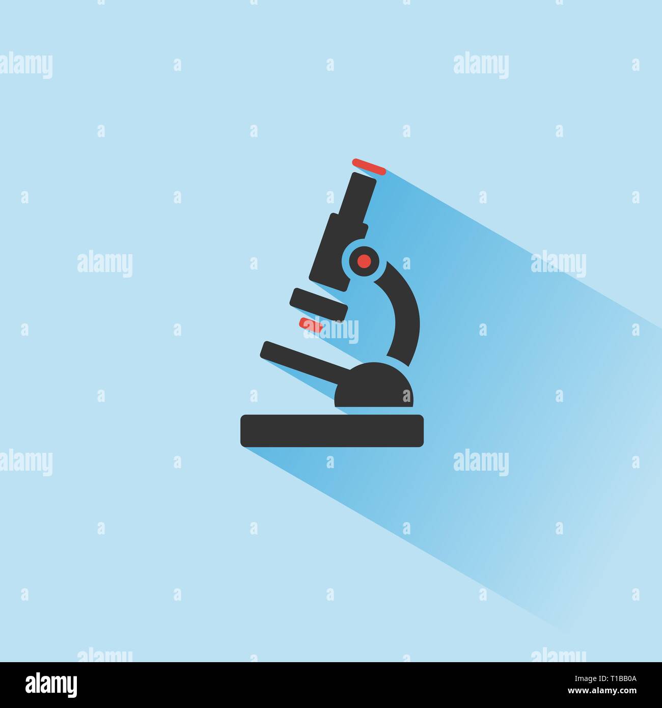 Microscope icon with shadow on a blue background. Science and research. Color vector illustration Stock Vector