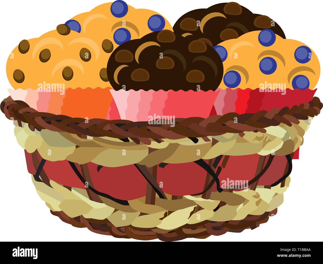 Wicker basket with muffins, vector flat illustration Stock Vector