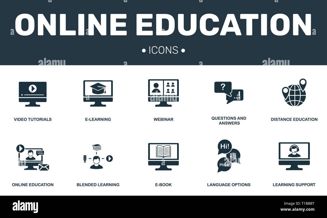 Online Education set icons collection. Includes simple elements such as E- learning, Webinar, E-book, Blended learning premium icons Stock Photo -  Alamy
