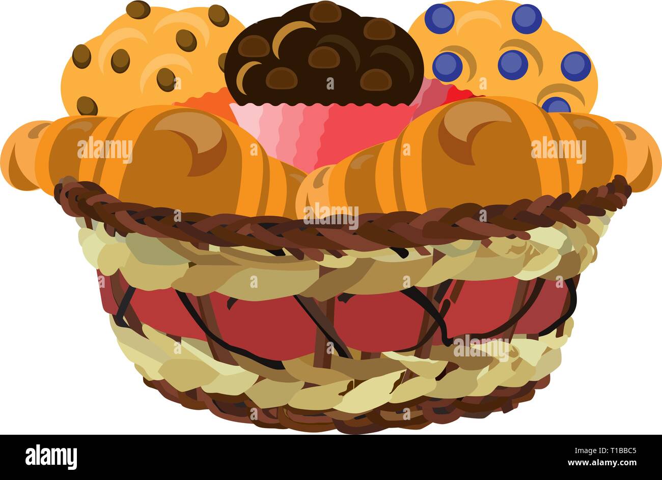 Wicker basket with muffins and croissants, vector flat illustration Stock Vector