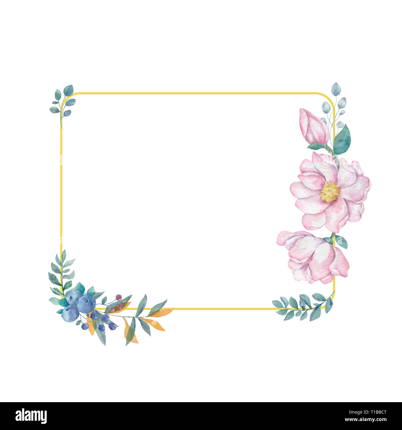 Watercolor Flowers And Leaves Wreath. Gold Frame Illustration. Square Clip Art Branch For Celebration, Widding, Invite Card White Background Vintage S Stock Photo - Alamy