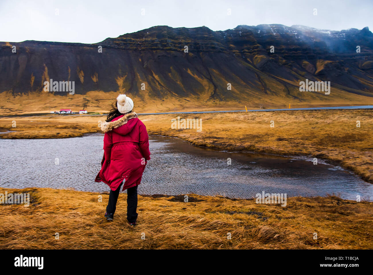Woman enjoying stunning Icelandic scenery on Iceland trip Stock Photo