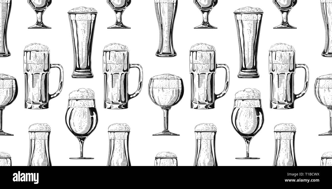 Seamless pattern with different glasses with beer, different mugs of beer. Vector illustration of a sketch style. Stock Vector
