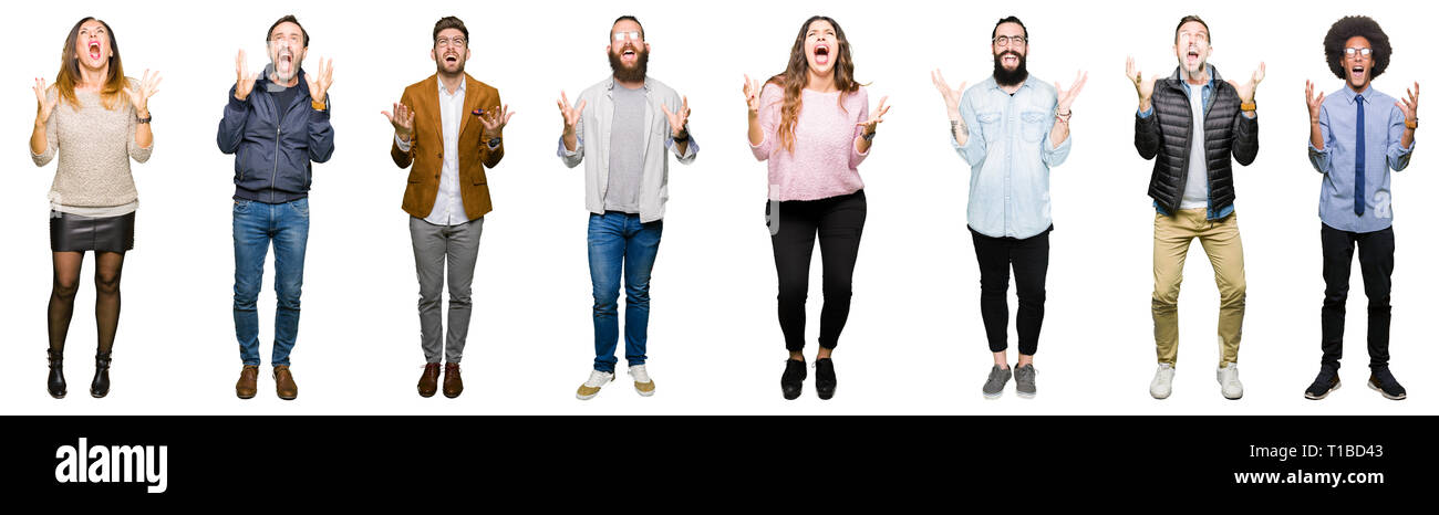 Collage of people over white isolated background crazy and mad shouting ...