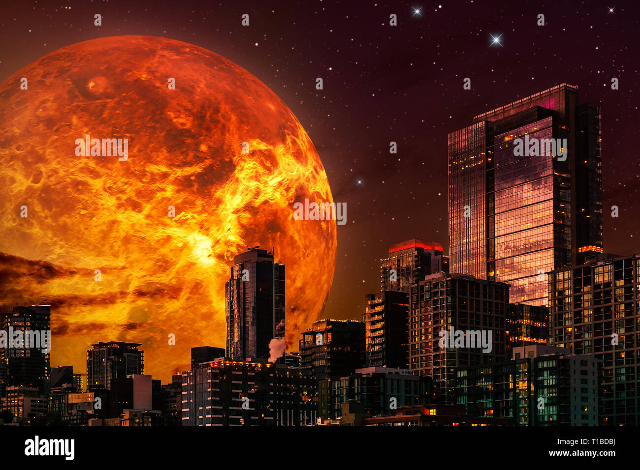 Sci-fi cityscape illustration. Skyline at night with giant planet or sun in the background and a starry sky. Composite illustration with 3d rendering  Stock Photo