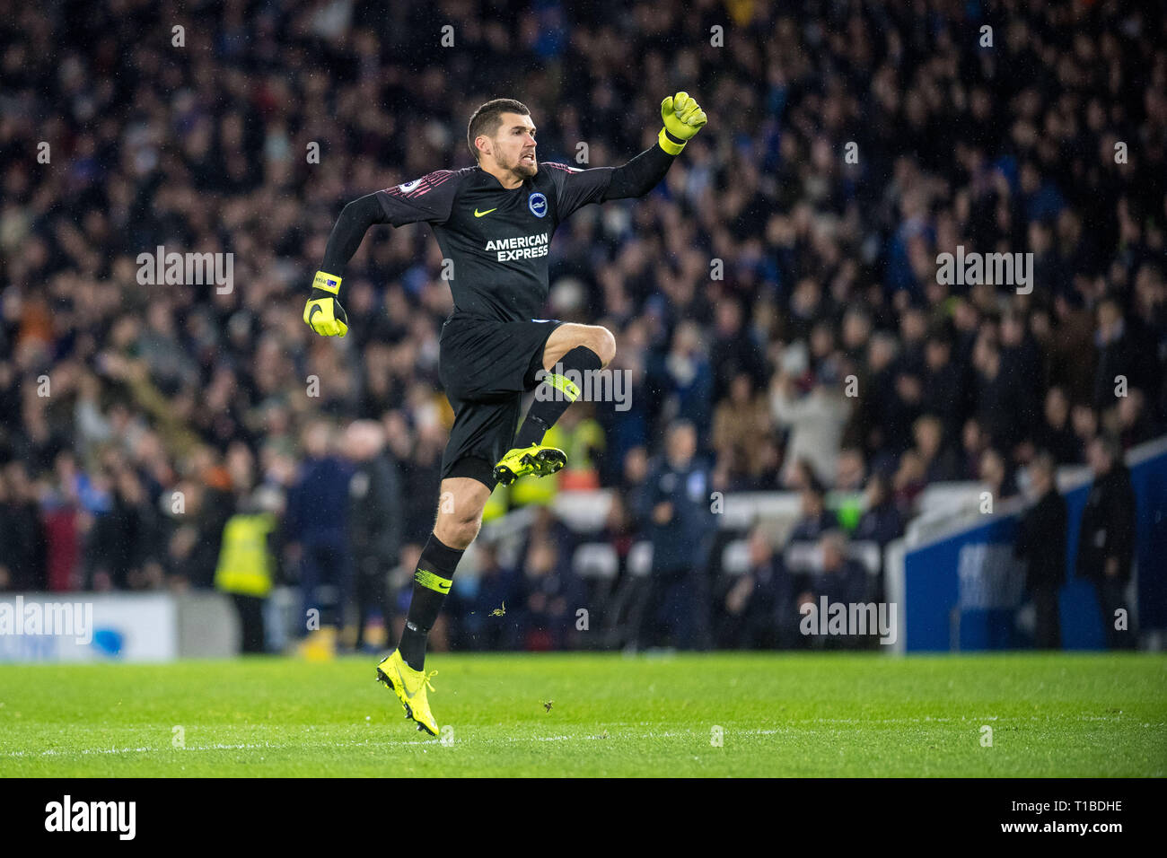 BRIGHTON, ENGLAND - DECEMBER 04: Mathew Ryan of  Brighton & Hove Albion celebrate he's team 1st goal during the Premier League match between Brighton & Hove Albion and Crystal Palace at American Express Community Stadium on December 4, 2018 in Brighton, United Kingdom. (Photo by Sebastian Frej/MB Media) Stock Photo