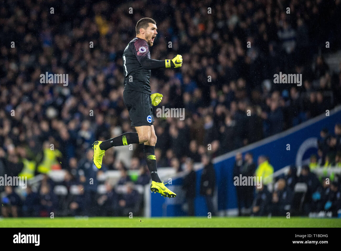 BRIGHTON, ENGLAND - DECEMBER 04: Mathew Ryan of  Brighton & Hove Albion celebrate he's team 1st goal during the Premier League match between Brighton & Hove Albion and Crystal Palace at American Express Community Stadium on December 4, 2018 in Brighton, United Kingdom. (Photo by Sebastian Frej/MB Media) Stock Photo