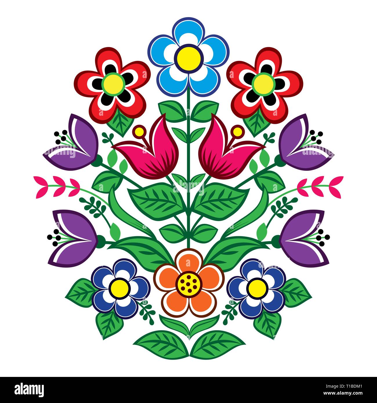 Floral vector design, Polish folk art vector decoration, Zalipie decorative pattern with roses and leaves - greeting card, wedding invitation Stock Vector