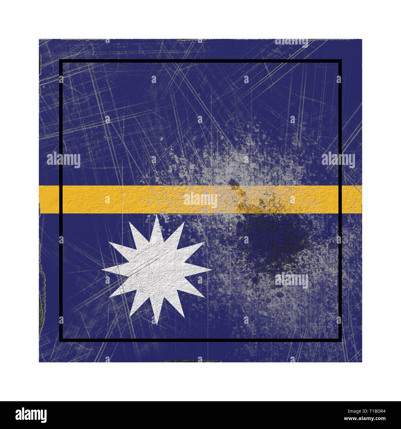 3d rendering of a Nauru flag over a rusty metallic plate. Isolated on ...