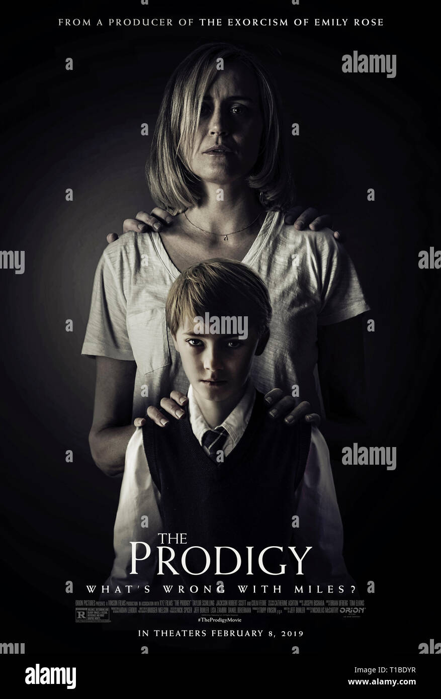 The Prodigy (2019) directed by Nicholas McCarthy and starring Jackson Robert Scott, Taylor Schilling and Peter Mooney. Supernatural horror, what’s wrong with Miles? Stock Photo