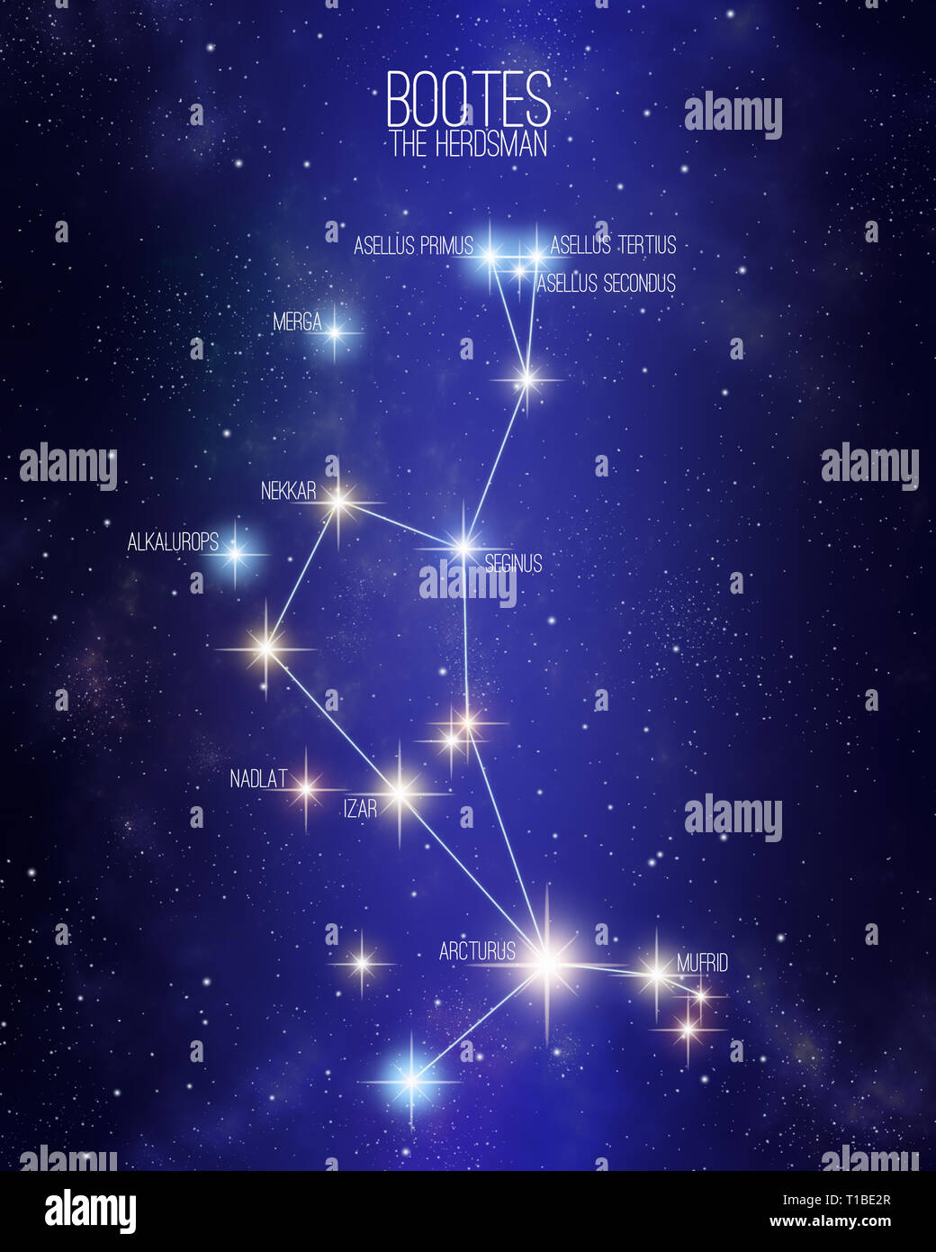 Boötes the herdsman constellation on a starry space background with the names of its main stars. Relative sizes and different color shades based on th Stock Photo
