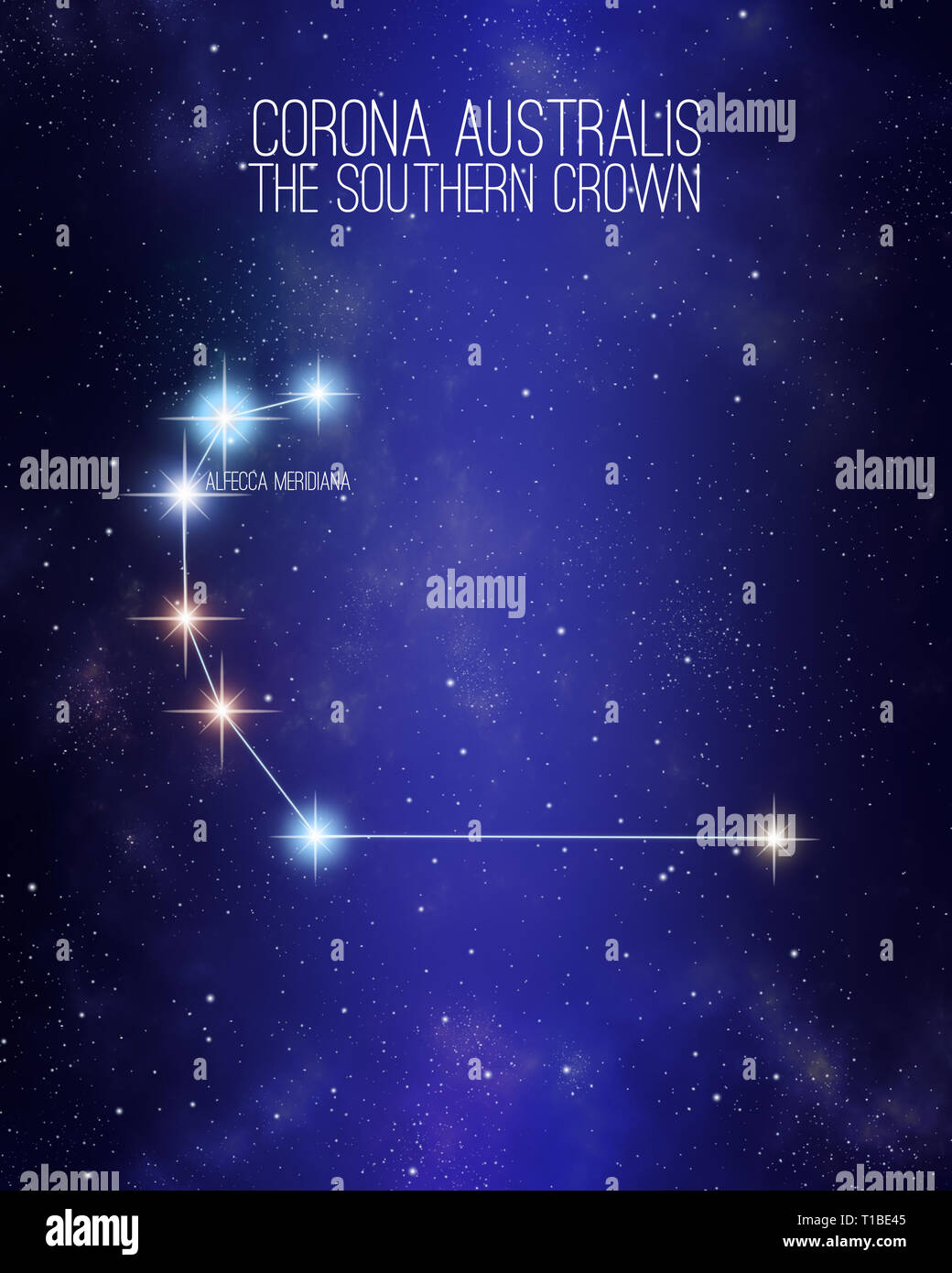 Corona australis the southern crown constellation on a starry space background with the names of its main stars. Relative sizes and different color sh Stock Photo