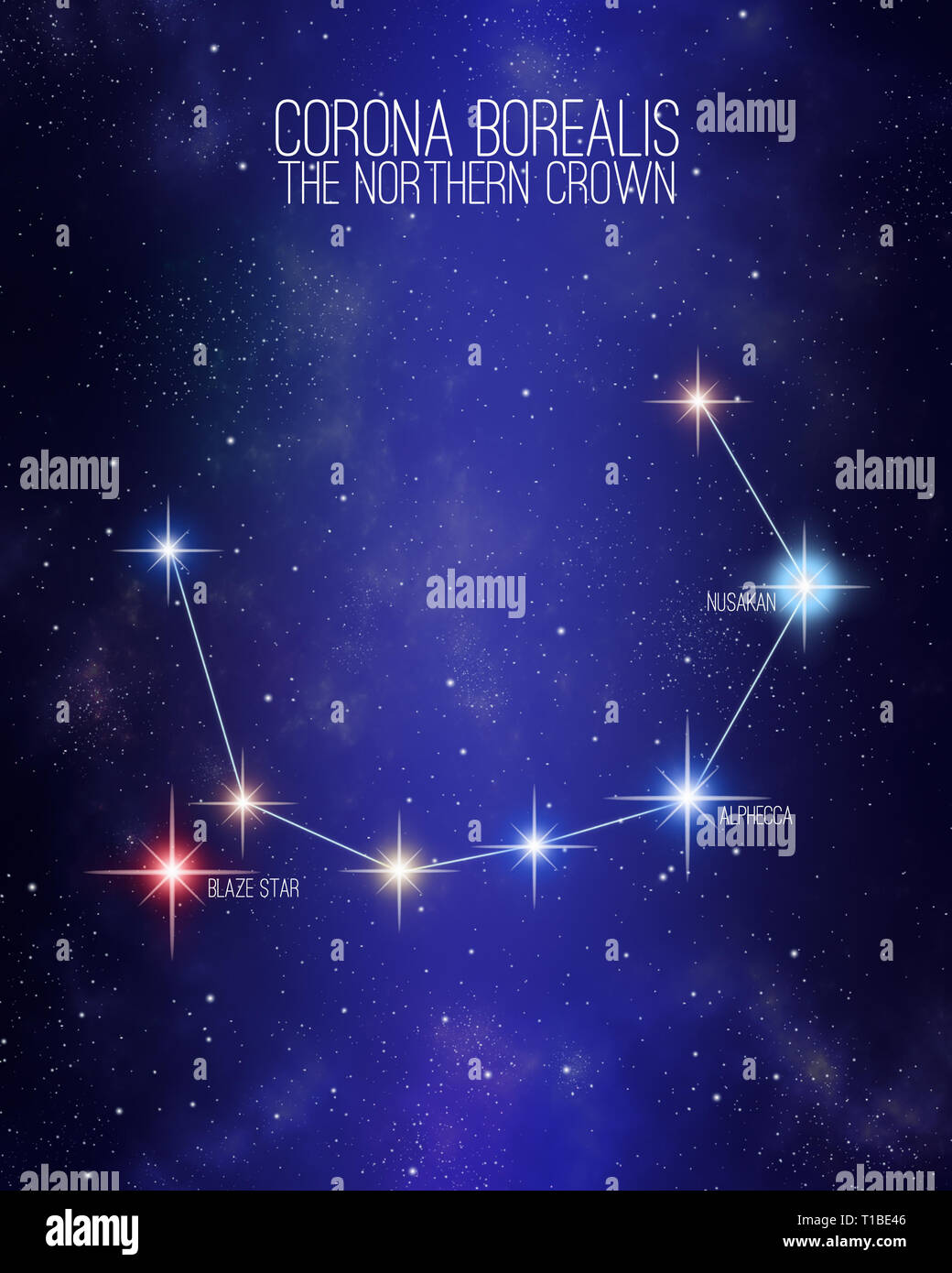 Corona borealis the northern crown constellation on a starry space background with the names of its main stars. Relative sizes and different color sha Stock Photo