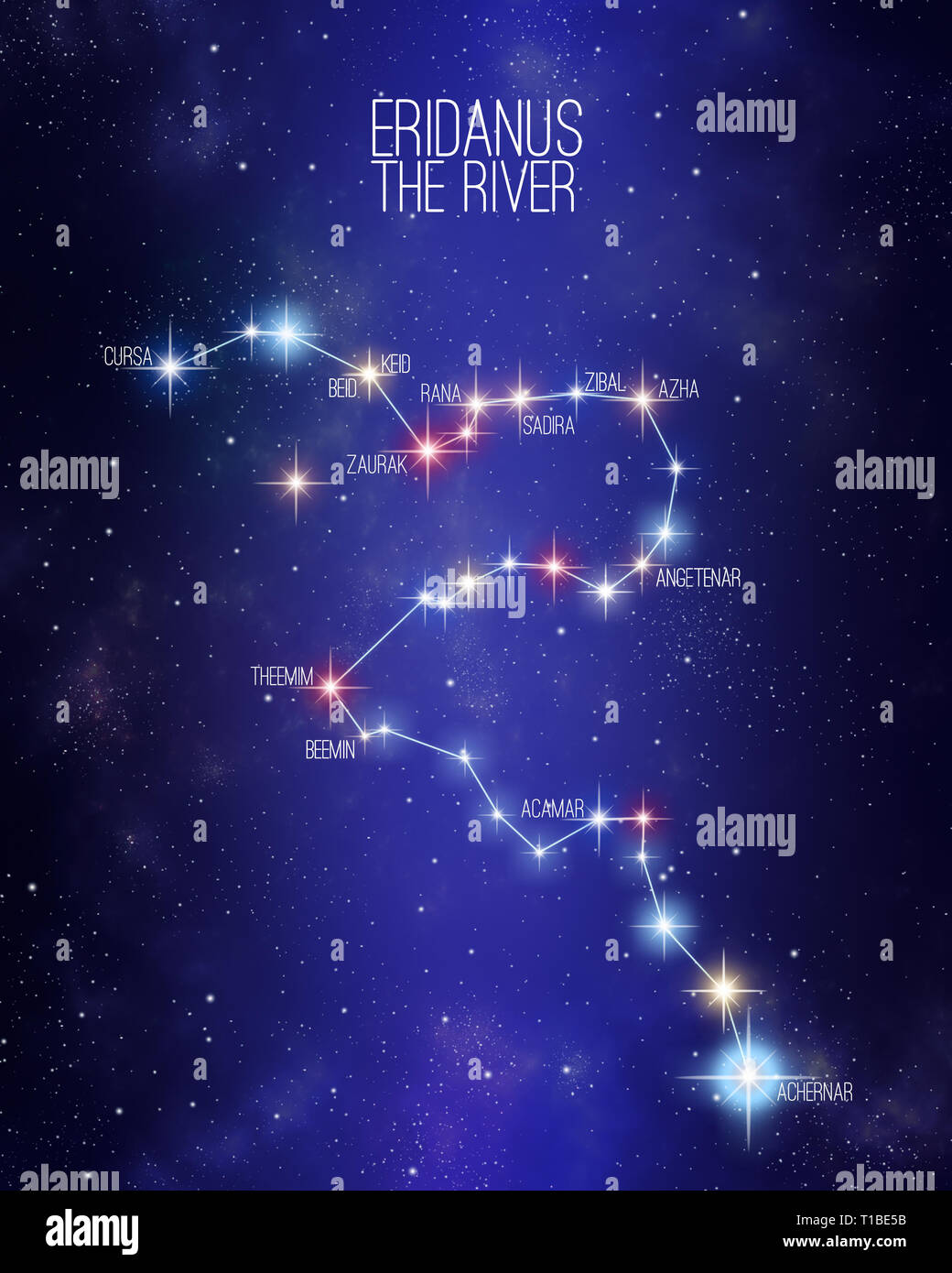 Eridanus the river constellation on a starry space background with the names of its main stars. Relative sizes and different color shades based on the Stock Photo