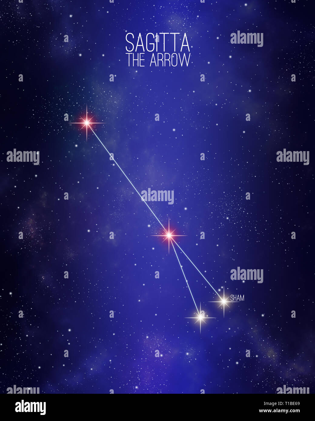 Sagitta the arrow constellation on a starry space background with the names of its main stars. Relative sizes and different color shades based on the  Stock Photo