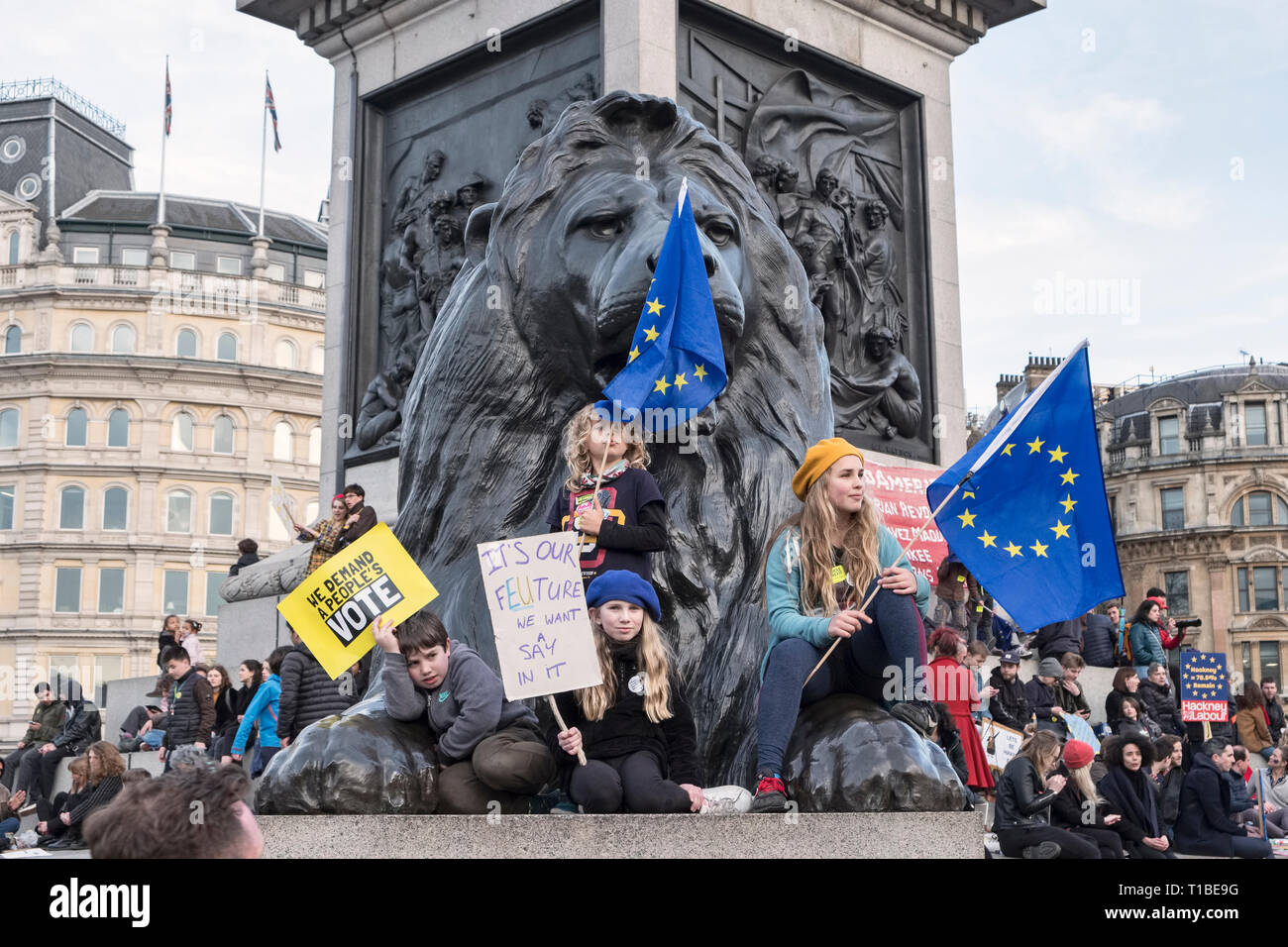 London, UK, 23rd March 2019. A million protestors march against Brexit and in support of a second referendum. Children demonstrate in Trafalgar Square Stock Photo