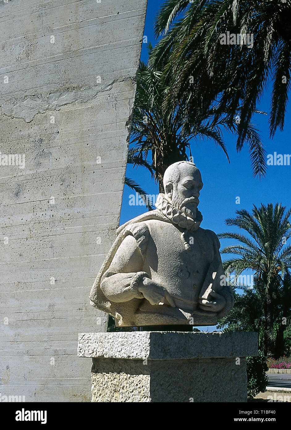 Miguel de Cervantes (1547-1616). Spanish writer. Author of Don Quixote. Monument to Cervantes in tribute for his landing in Denia after his captivity in Algiers, 1580. Denia, province of Alicante, Community of Valencia, Spain. Stock Photo