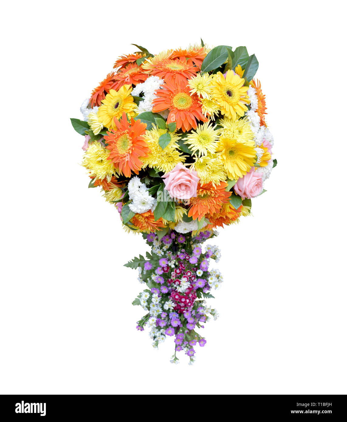 Spherical shape flowers bouquet with appendage isolated on white background, beautiful florist design of flower ball for decorative in good occasion,  Stock Photo