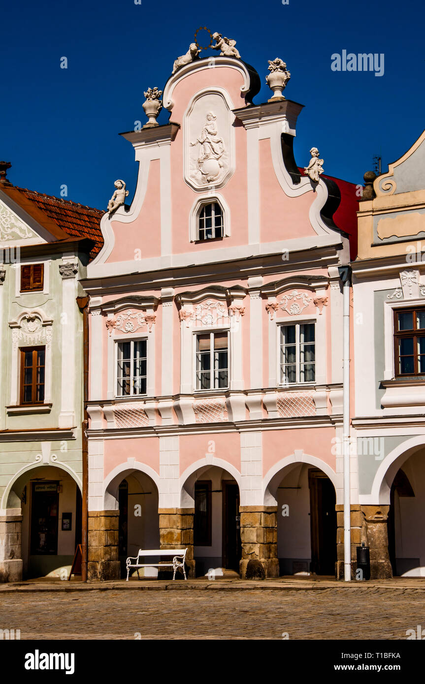 A facade of historic house in Telc , Region Vysocina, Czech Republic