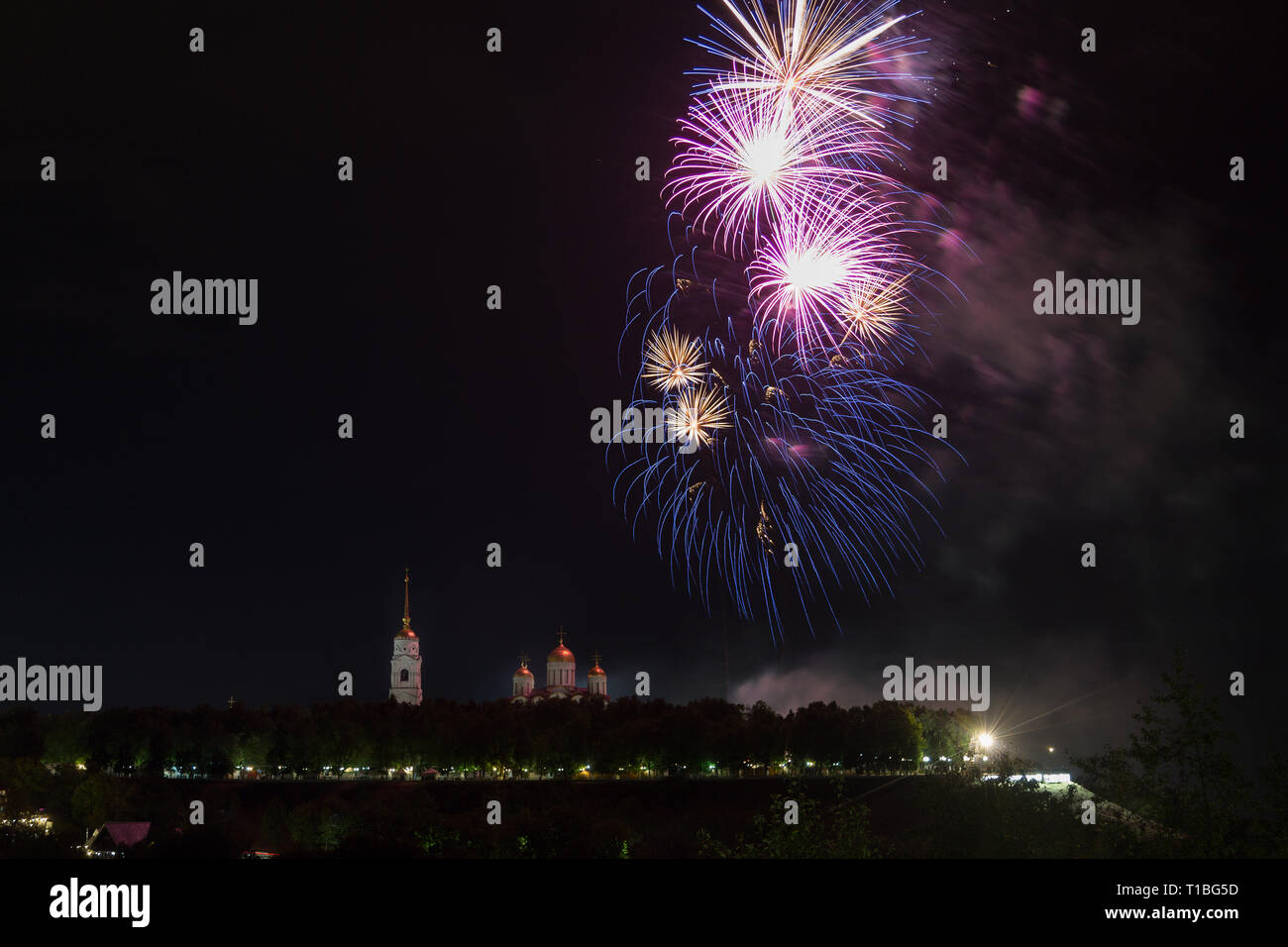 Big  festive fireworks over the Assumption Cathedral in Vladimir, Russia Stock Photo