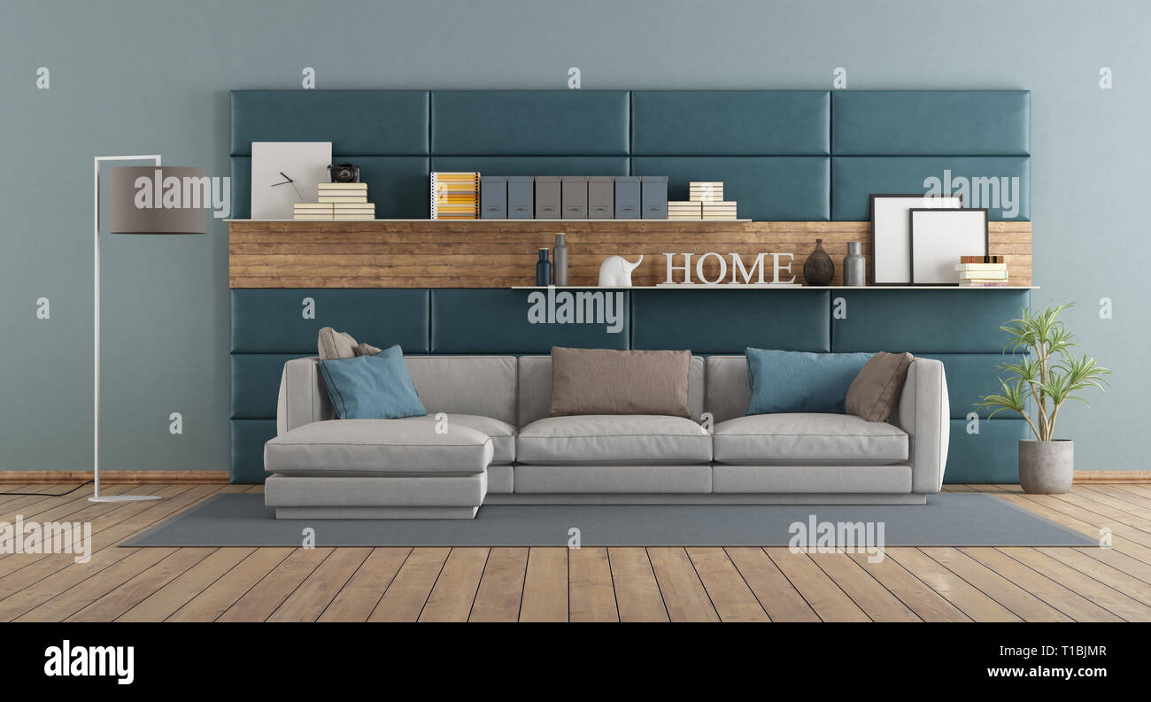 Modern living room with sofa against leather and wooden paneling - 3d rendering Stock Photo
