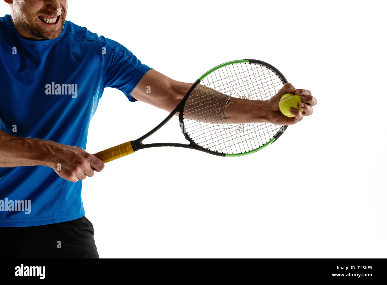 Stressed tennis player throwing and breaking a racket in anger and rage at  court. Human emotions, defeat, crash, failure, loss concept. Athlete  isolated on white Stock Photo - Alamy