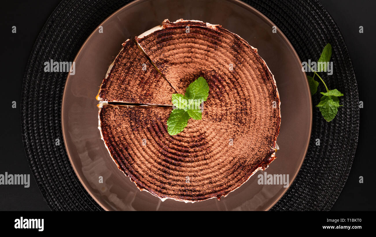 Food dessert concept homemade banoffee pie on black background Stock Photo
