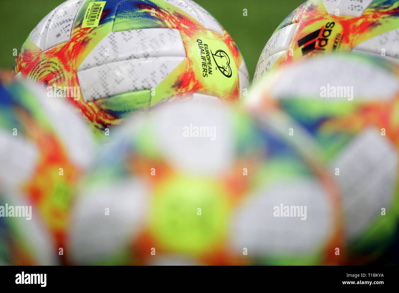 A detail view of European Qualifier adidas footballs during the UEFA Euro 2020 Qualifying, Group I match at the Astana Arena. Stock Photo