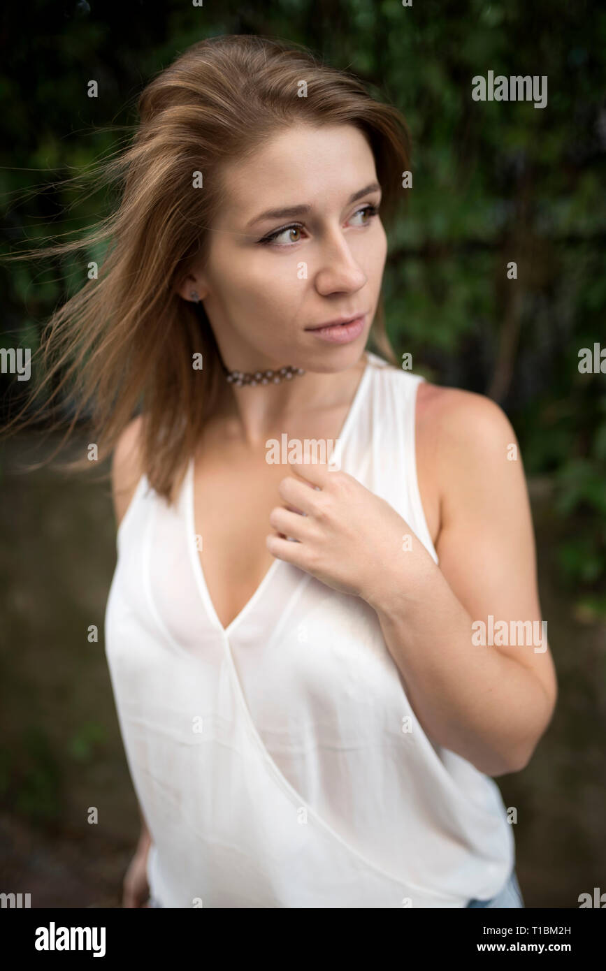 Portrait Of Delicate And Beauty Woman Look On A Side Waiting Or