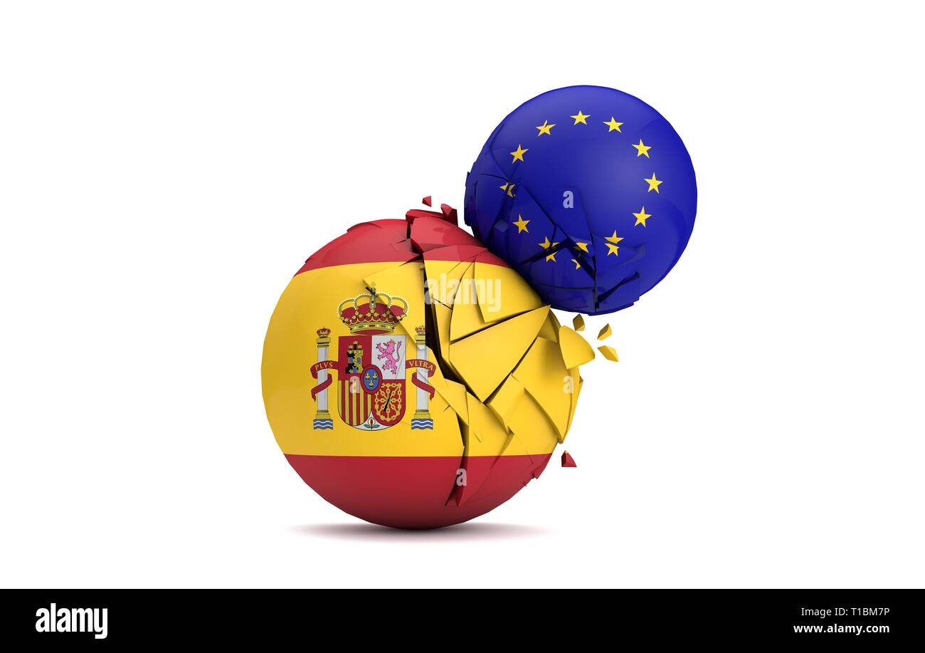 Spain and European Union political balls smash together. 3D Render Stock Photo