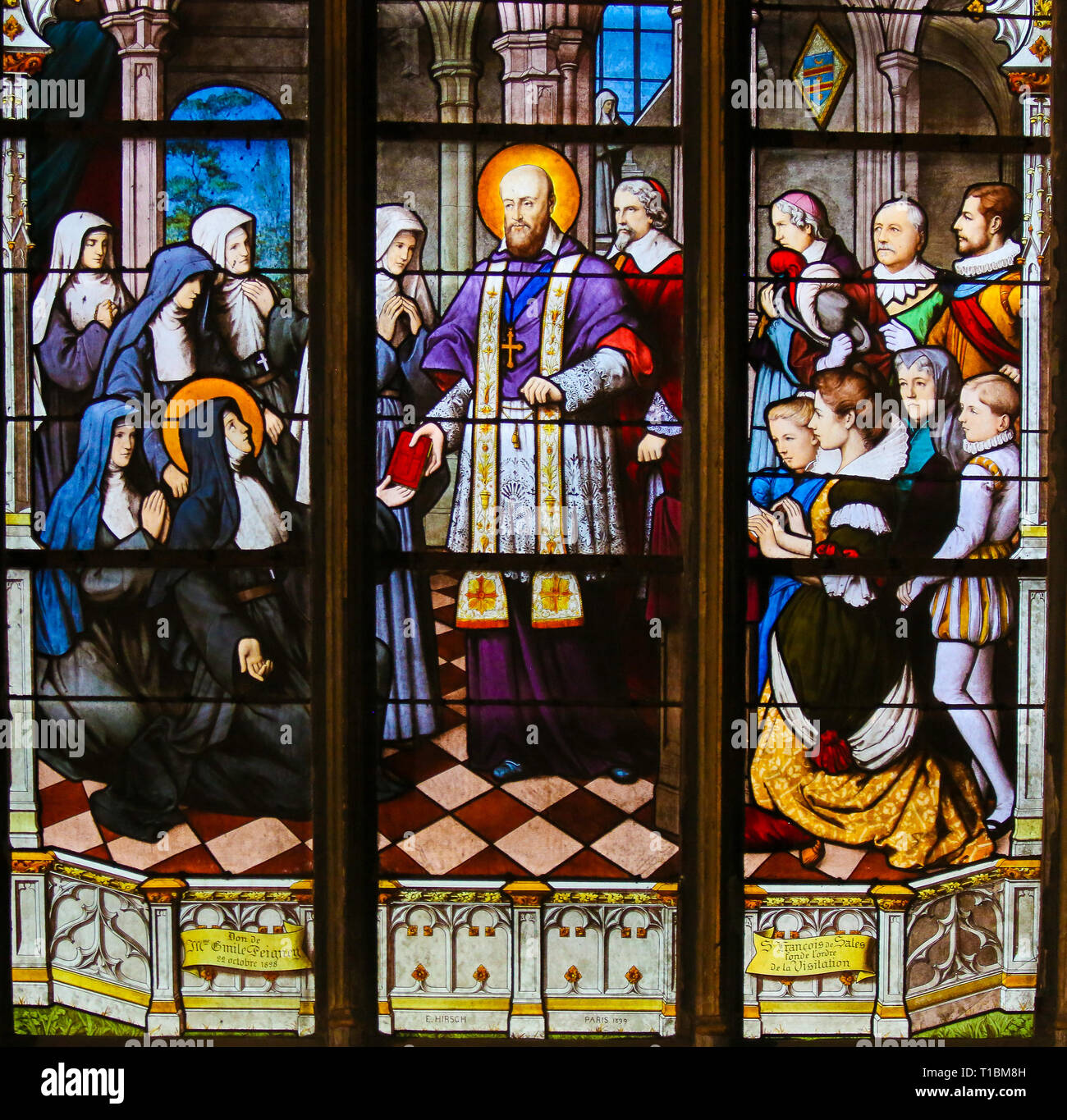Stained Glass in the Church of Saint Severin, Latin Quarter, Paris, France, depicting Saint Francois de Sales, bishop of Geneva. Stock Photo
