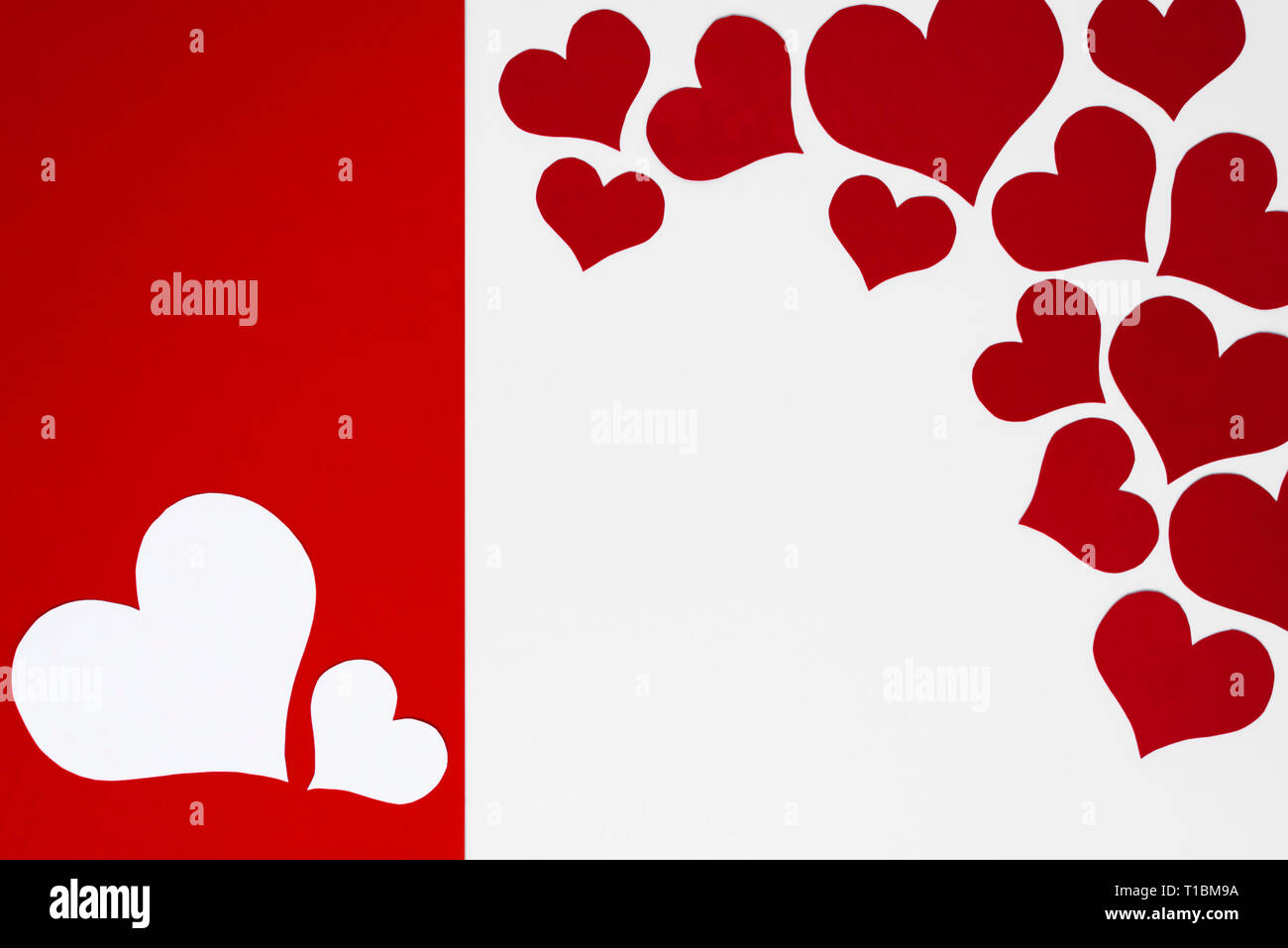 Romantic red and white hearts on two colors background as a frame for ...