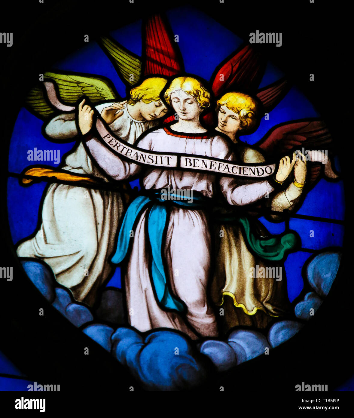 Stained Glass in the Church of Saint Severin, Latin Quarter, Paris, France, depicting Angels Stock Photo