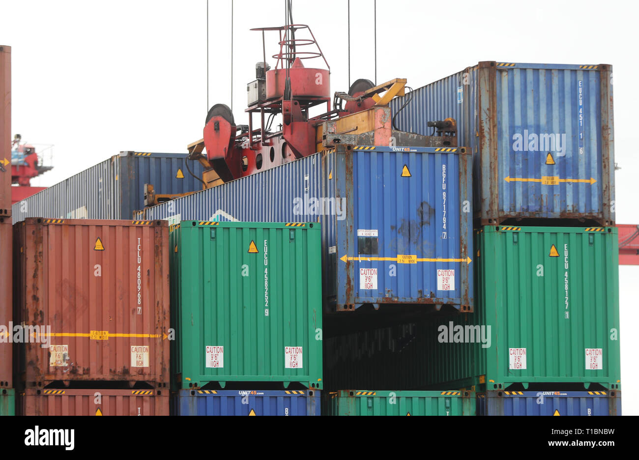 Shipping containers being readied for transport at Dublin Port Stock