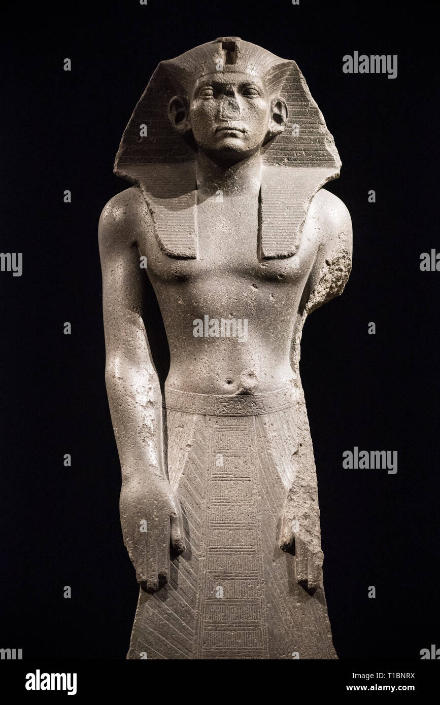 Berlin. Germany. Praying statue of Egyptian Pharaoh Amenemhat III, Neues Museum. (Reign: ca. 1860 BC - ca. 1814 BC), Middle Kingdom Period, Dynasty 12 Stock Photo