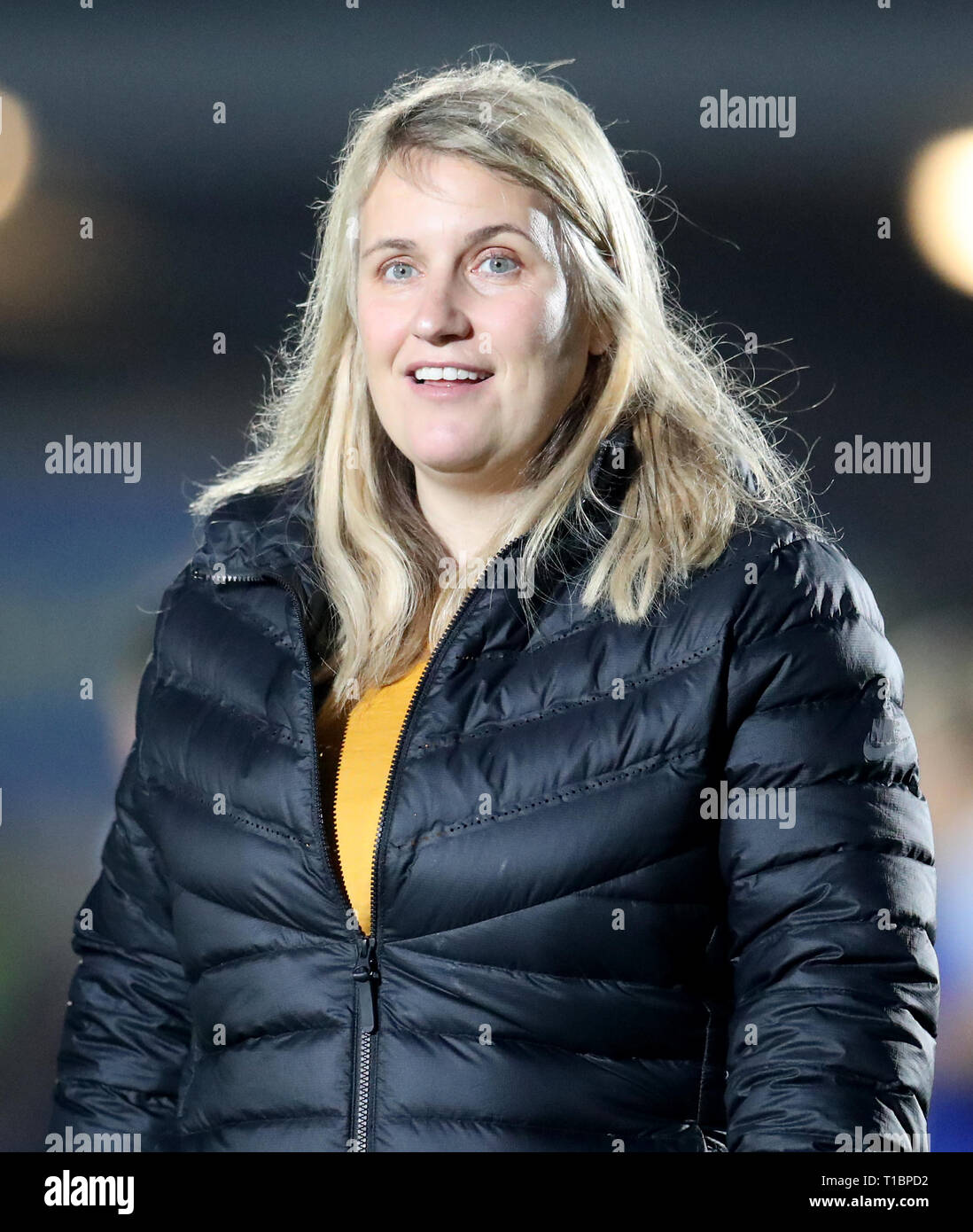 Chelsea Women manager Emma Hayes during the UEFA Women's Champions League quarter final first leg match at the Cherry Red Records Stadium, London. Stock Photo