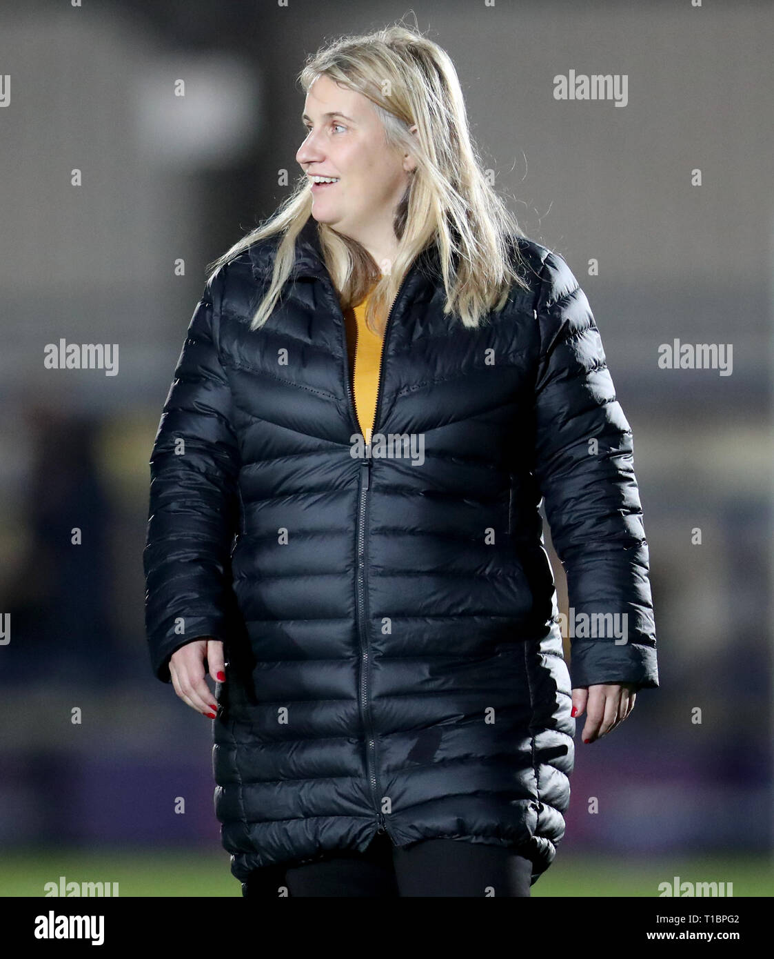 Chelsea Women manager Emma Hayes during the UEFA Women's Champions League quarter final first leg match at the Cherry Red Records Stadium, London. Stock Photo